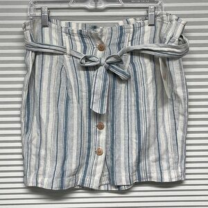 Vanilla Star NWT Blue Striped Button Front Belted Linen Blend Mini Skirt Large